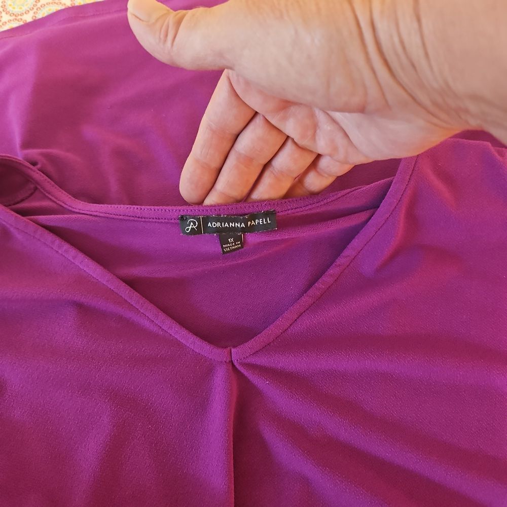 Adrianna Papell Magenta V-Neck Cold-Shoulder Blouse with Lattice Sleeves - Picture 6 of 9